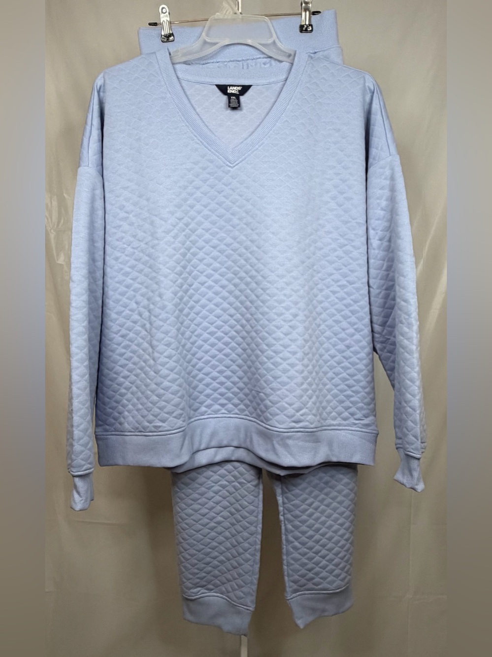 Lands’ End Light Blue Quilted Lounge Set XXL V-Neck Pullover Pants